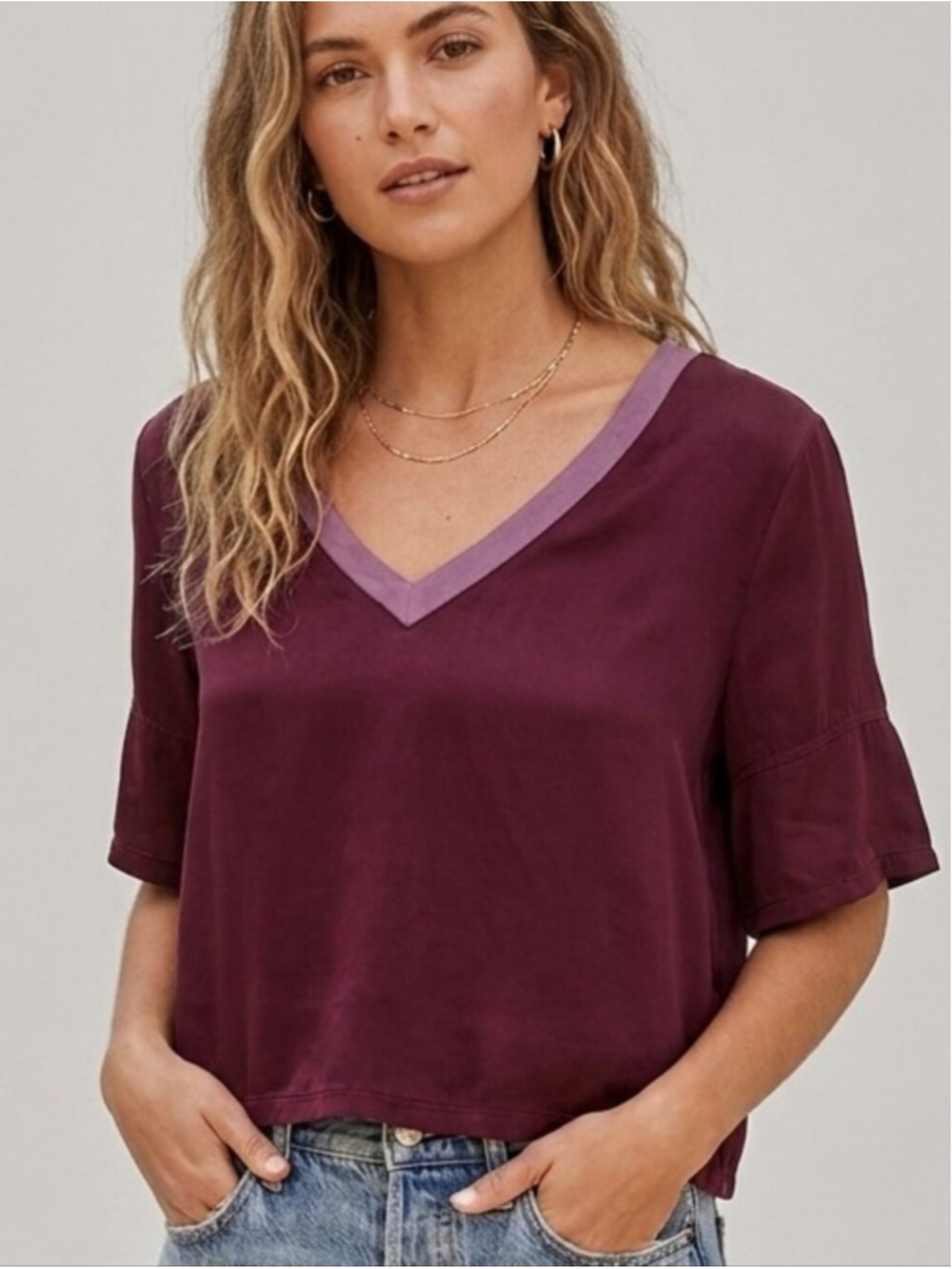 Nation LTD Magenta Satin Short Sleeve Cropped T-shirt Smooth Fairy Classic
